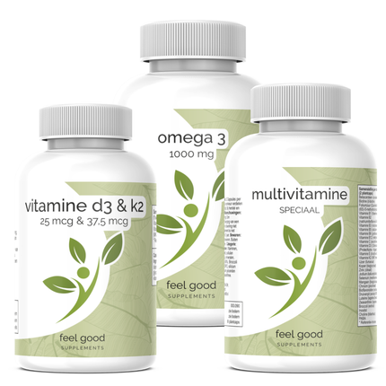 Dagelijkse Basis Bundel met multivitamine, omega 3 en vitamine D3 K2 van Feel Good Supplements