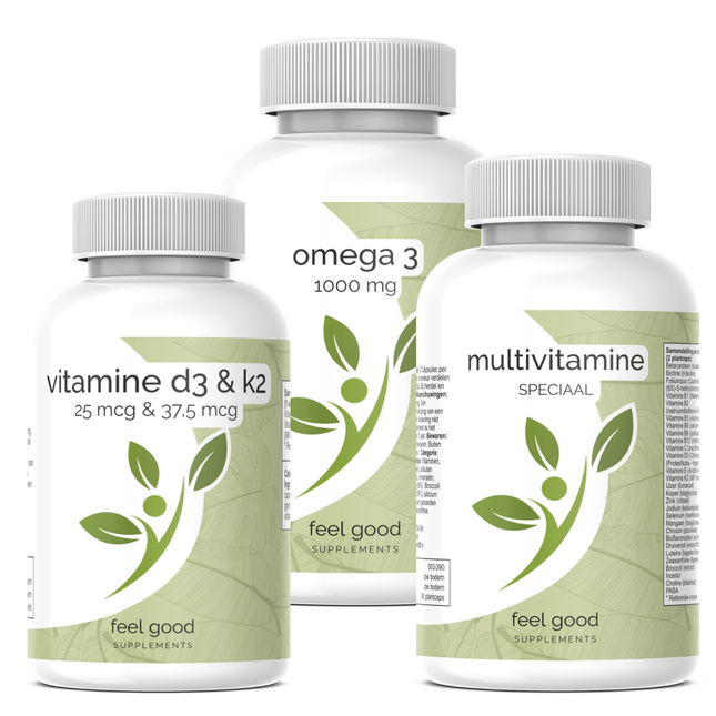 Dagelijkse Basis Bundel met multivitamine, omega 3 en vitamine D3 K2 van Feel Good Supplements